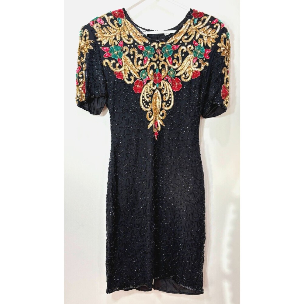 VTG Scala Black Red Gold Sequin Dress sz S Silk Floral Gatsby 80s Cocktail Nwt